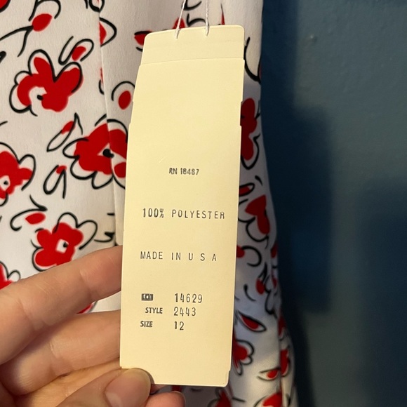 Vintage Dress white red black floral print, tiered skirt, shoulder pads, sz 12 - Picture 5 of 11